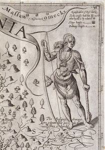 Guerreiro Susquehannock, detalhe do mapa da Virgínia, gravado por William Hole (fl. 1607-24), publicado em 1612 (ver 174211)